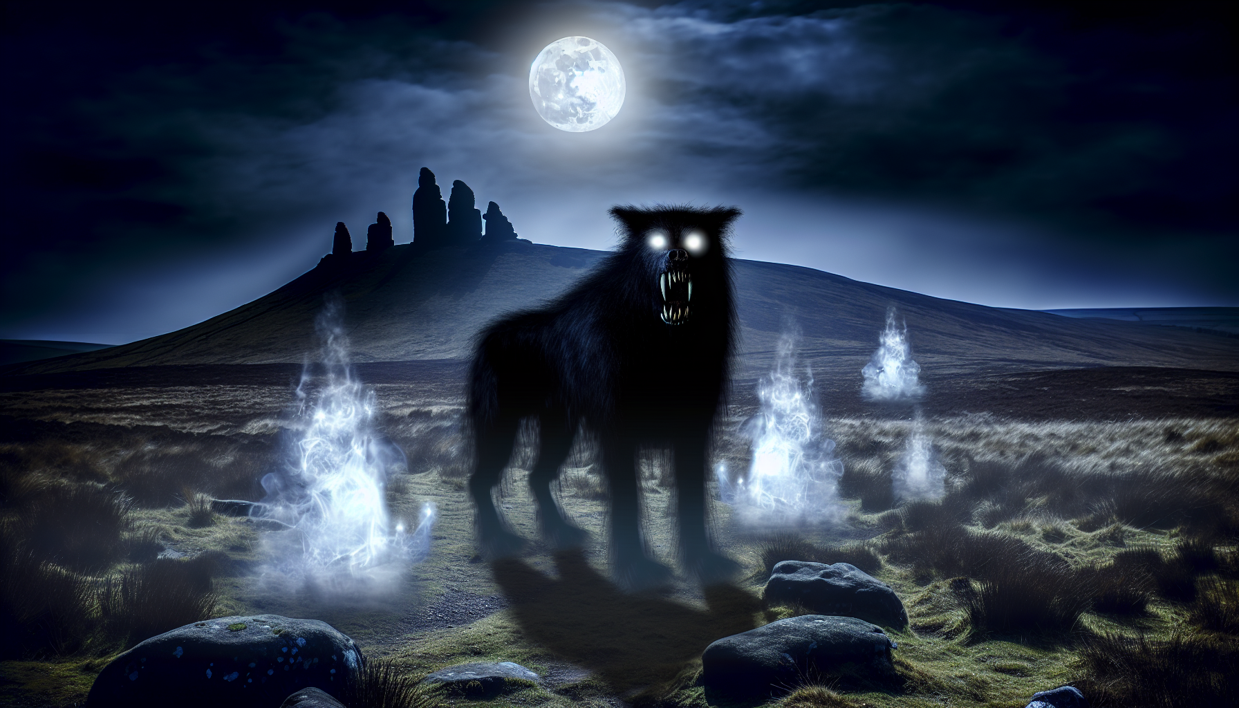 Alt Text: "A dark, eerie landscape under a full moon features a menacing Barghest, a large spectral black dog with glowing eyes and sharp teeth. Ghostly apparitions hover around the creature, while a hill with stone formations looms in the background."