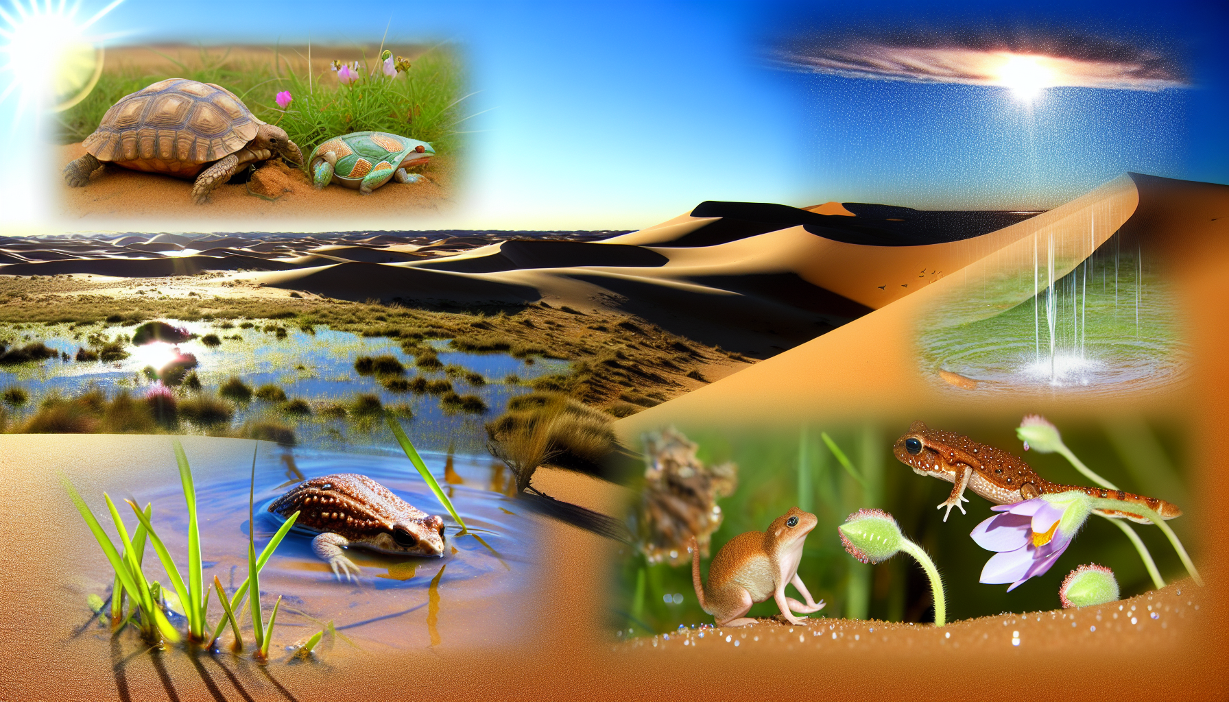 A vibrant collage showcasing desert wildlife. The central image features a picturesque desert landscape with golden sand dunes and a sunlit oasis reflecting the sky. Insets include a turtle and a smaller turtle amidst green grass and flowers, a small desert frog peeking out of a shallow water pool surrounded by grass, and another frog resting on a purple flower. In the upper right, a desert waterfall cascades into a small pool. The scene highlights the diverse and resilient life in desert habitats.