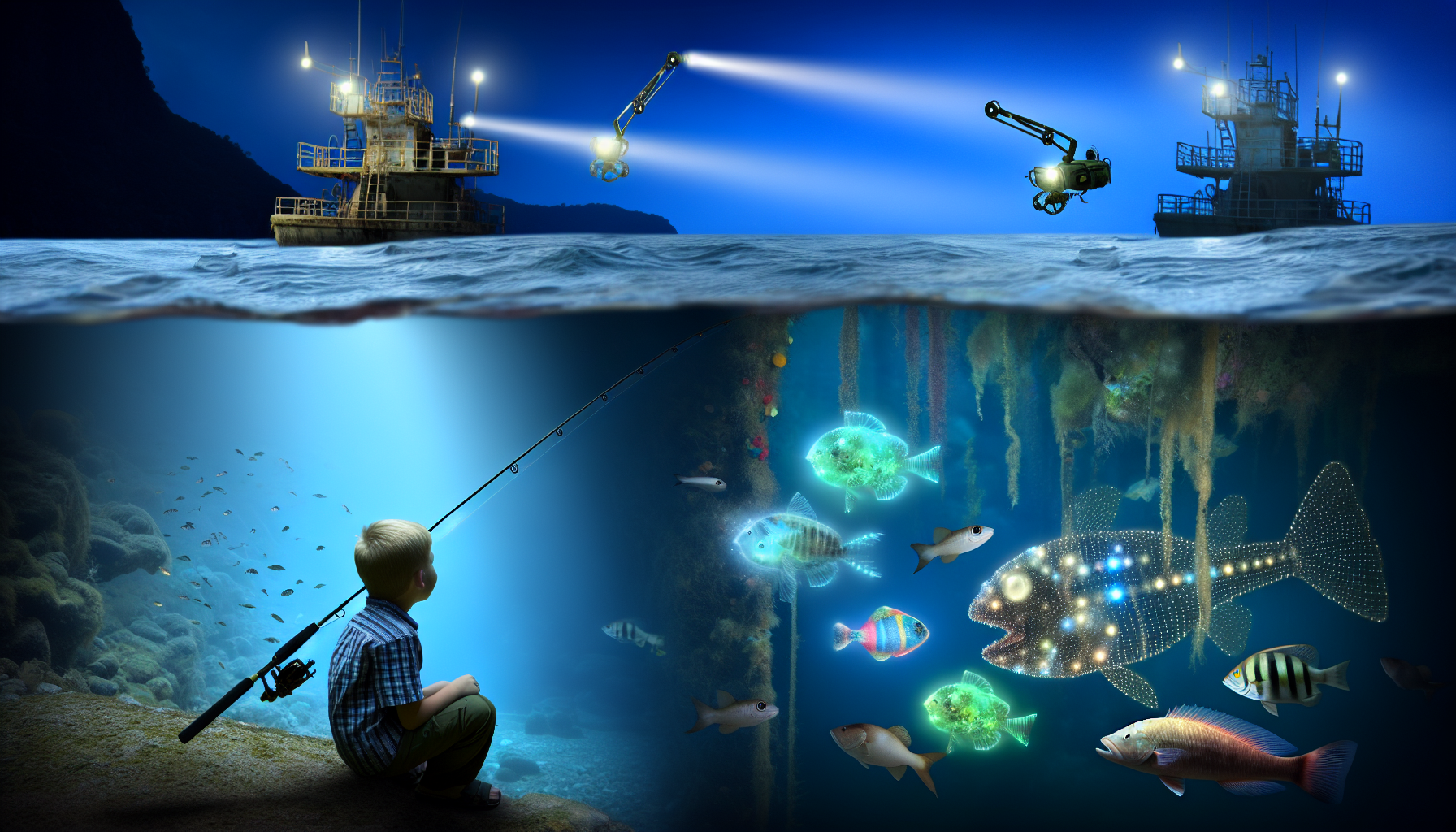 Alt Text: A surreal image depicting a child sitting underwater with a fishing rod, observing a variety of glowing fish. Above the water, two boats with bright searchlights are scanning the ocean surface with mechanical arms. The underwater scene highlights mystical fish sightings, as various luminous fish swim near the child amidst a vibrant and mystical underwater landscape.