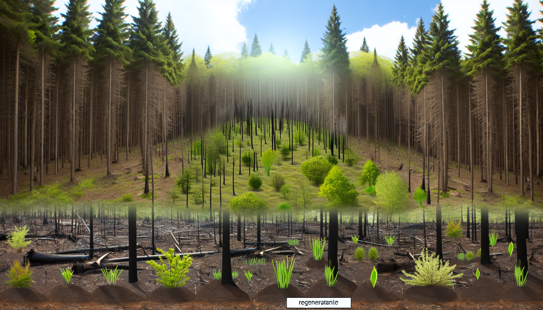 An image depicting the stages of forest regeneration. At the top, mature trees dominate the landscape, transitioning to middle ground with young saplings and shrubs, representing early regrowth. The bottom section shows the beginning stages of forest regeneration, with small plants and sprouts emerging from charred earth. A label with the word "regenerazione" is prominently displayed at the bottom.