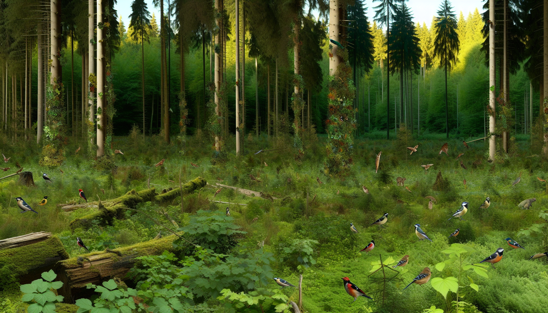 Alt Text: A lush forest scene with tall trees, dense green foliage, and a variety of colorful birds perched on branches and scattered across the forest floor. The image evokes a sense of serene forest soundscapes, with the natural beauty of the environment prominently displayed. Moss-covered logs and diverse plant life add to the richness of the scene.