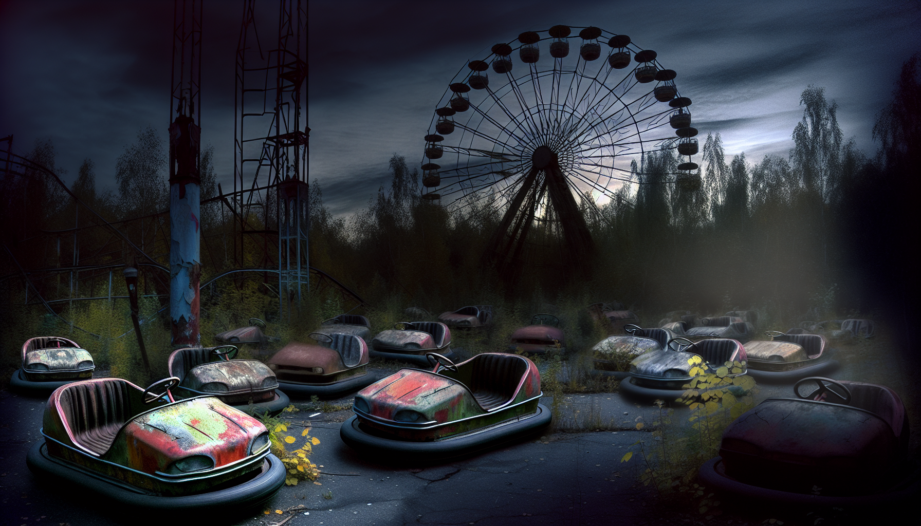 Alt Text: The image depicts an eerie scene at an abandoned amusement park. Rusted bumper cars are scattered across a cracked pavement, surrounded by overgrown weeds and decay. In the background, a large Ferris wheel stands motionless, silhouetted against a gloomy, overcast sky. The haunted atmosphere evokes a sense of desolation and abandonment, fitting the theme of haunted amusement parks.