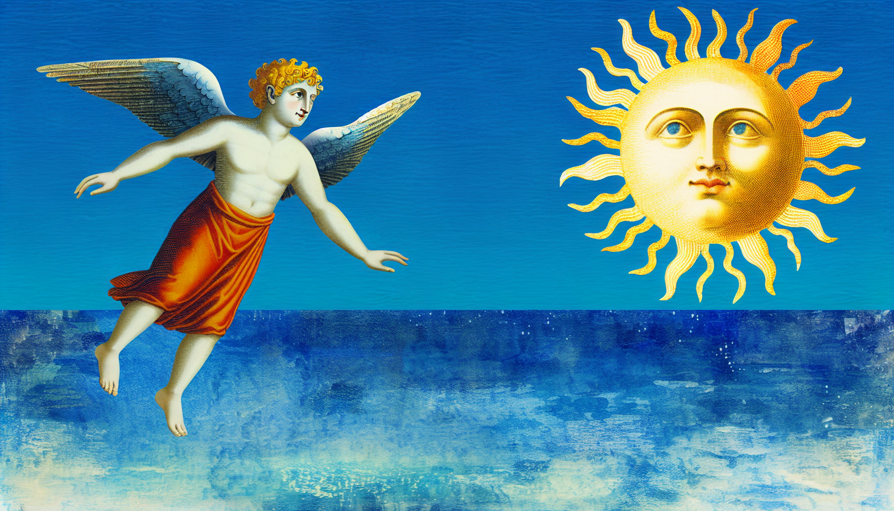 Alt Text: "Illustration of Icarus with wings, flying near a golden, radiant sun above a serene blue ocean."