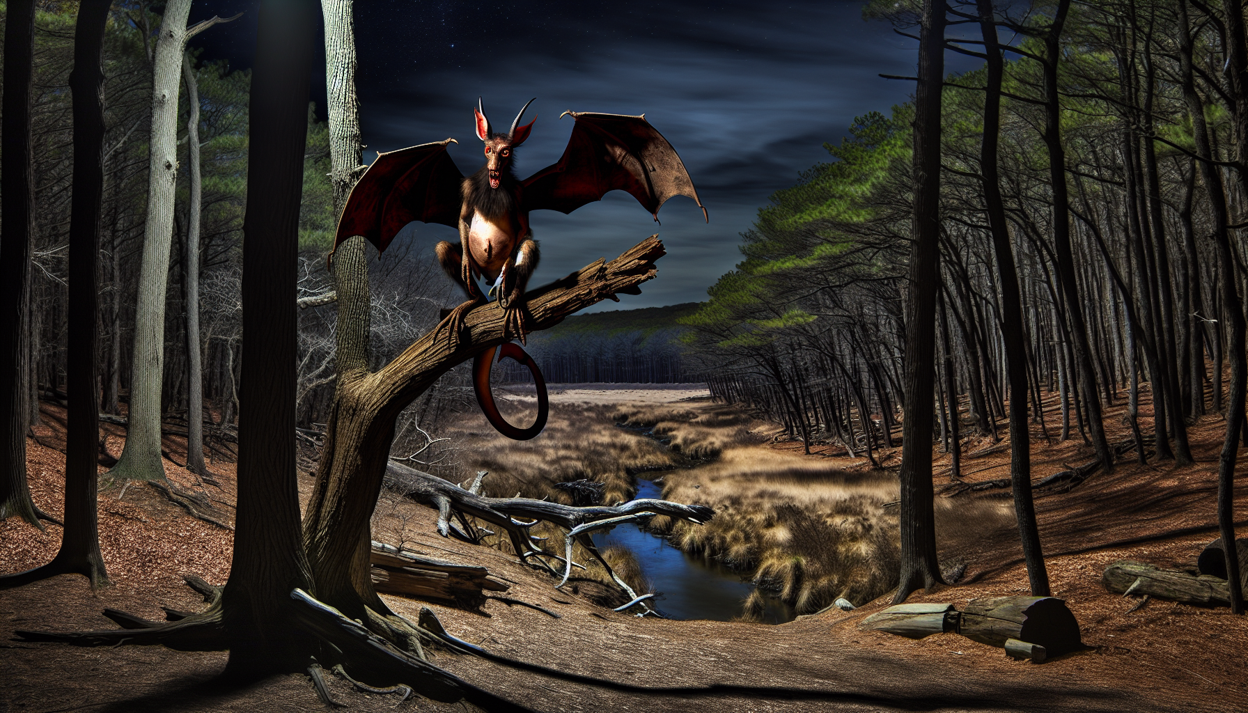 A mystical scene at night depicting the Jersey Devil perched on a broken tree branch over a forest stream. The creature has bat-like wings spread wide, a goat-like face with horns, and a long, curving tail. The surrounding forest is dense with tall trees, and the moonlight creates an eerie atmosphere over the landscape.