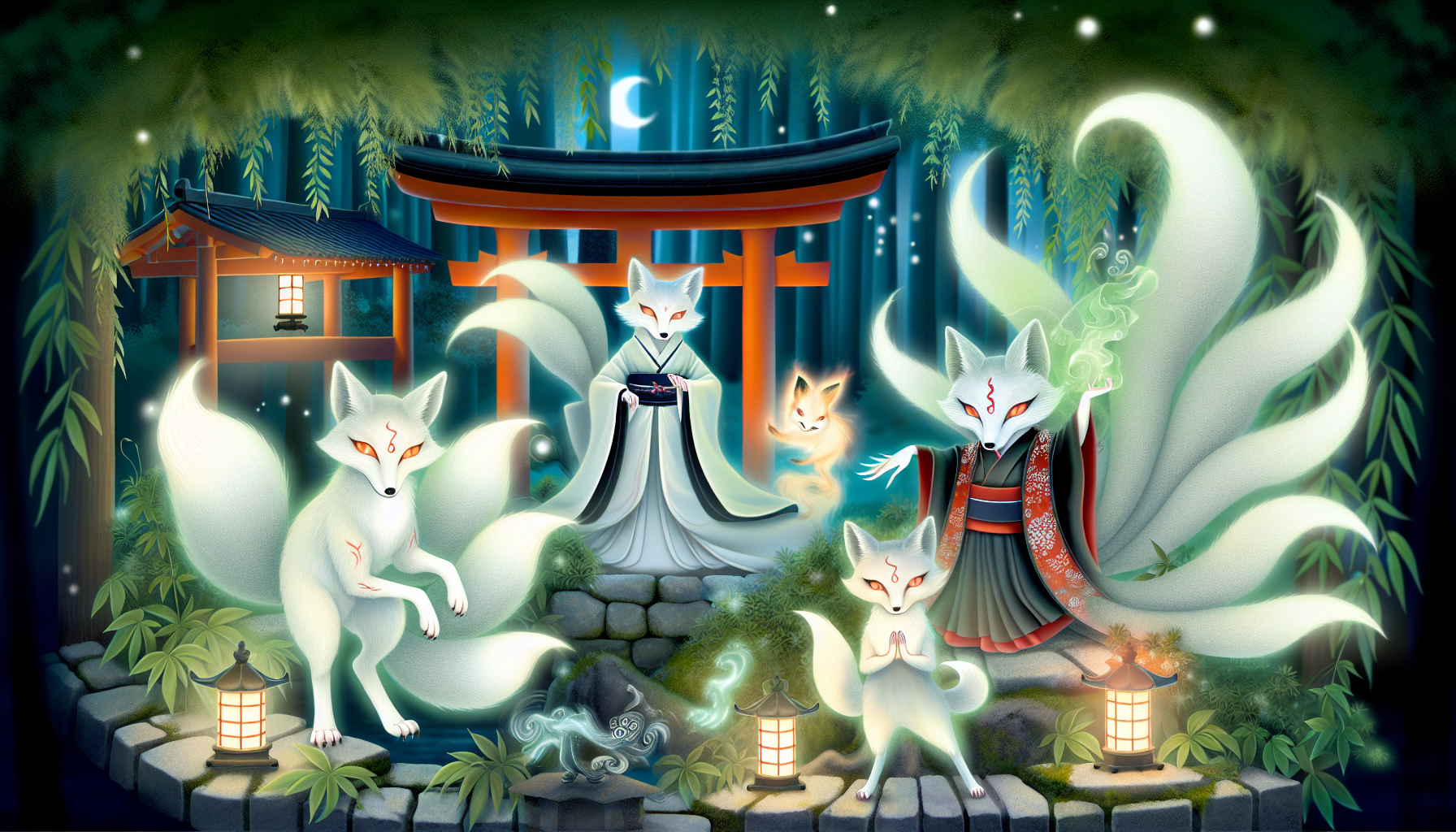 An enchanting digital illustration featuring various Kitsune, mythical fox spirits in Japanese folklore, in a serene forest setting. The scene includes four Kitsune with multiple tails, dressed in traditional Japanese robes, surrounded by glowing lanterns and a torii gate. The background is a mystical forest under a crescent moon, with ethereal lights and mist adding to the magical atmosphere.