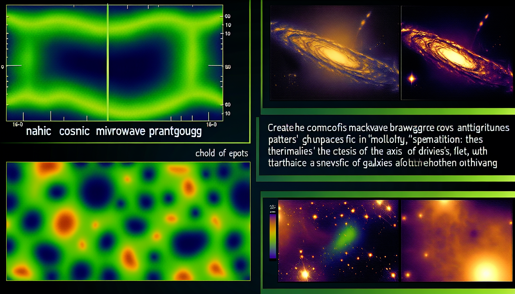 Alt Text: A collage of scientific images and text. The top left section features a green and blue gradient image with the label "nahic cosnic mivrowave prantgougg," which seems to be a distorted representation of "cosmic microwave patterns." To the right, there are two images of galaxies with bright yellow-orange centers and purple-blue halos. The middle area has text in an unclear font that appears nonsensical. The bottom left contains a close-up, colorful pattern of blue, green, and red spots. The bottom right shows two images of star clusters with bright points against a darker backdrop.