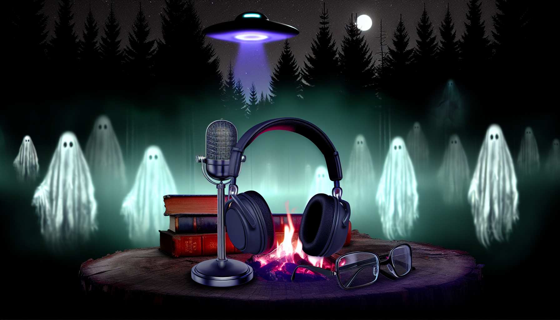 Alt Text: An illustration featuring a night forest backdrop with ghostly figures and a UFO hovering above. In the foreground, there are a microphone, a pair of headphones, a stack of books, and a pair of glasses resting on a tree stump. The image evokes themes related to paranormal podcasts.