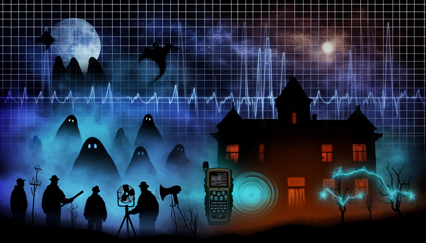 An illustration featuring various elements of paranormal science. The scene includes ghostly figures shrouded in mist, silhouetted investigators using equipment like a camera and an electromagnetic field meter. In the background, a spooky house with glowing windows is surrounded by an eerie landscape with barren trees and lightning. The moon and a ghostly graph-like grid overlay add to the scientific analysis theme.