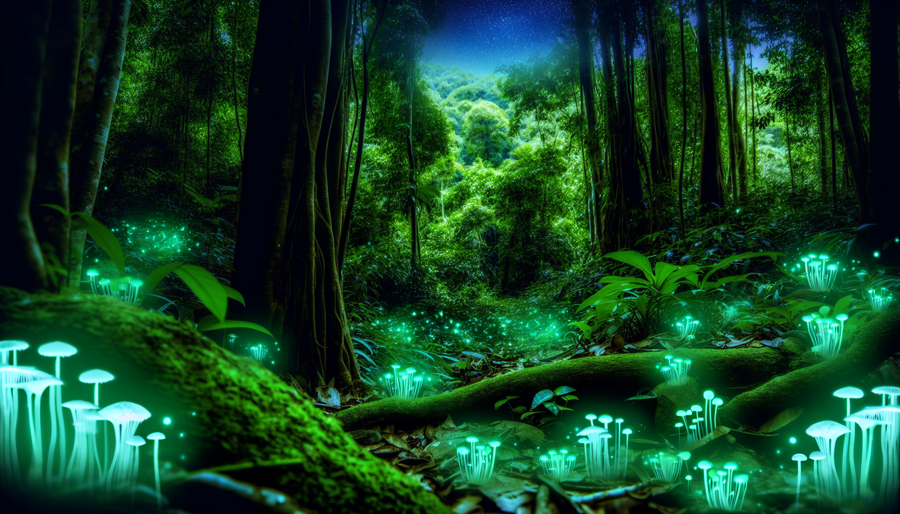A mystical forest scene illuminated by bioluminescent rare fungi, which glow with a greenish-blue light. The tall trees and dense vegetation are bathed in this ethereal light, creating an enchanting and otherworldly atmosphere. The night sky with stars is visible in the background, adding to the magical ambiance.
