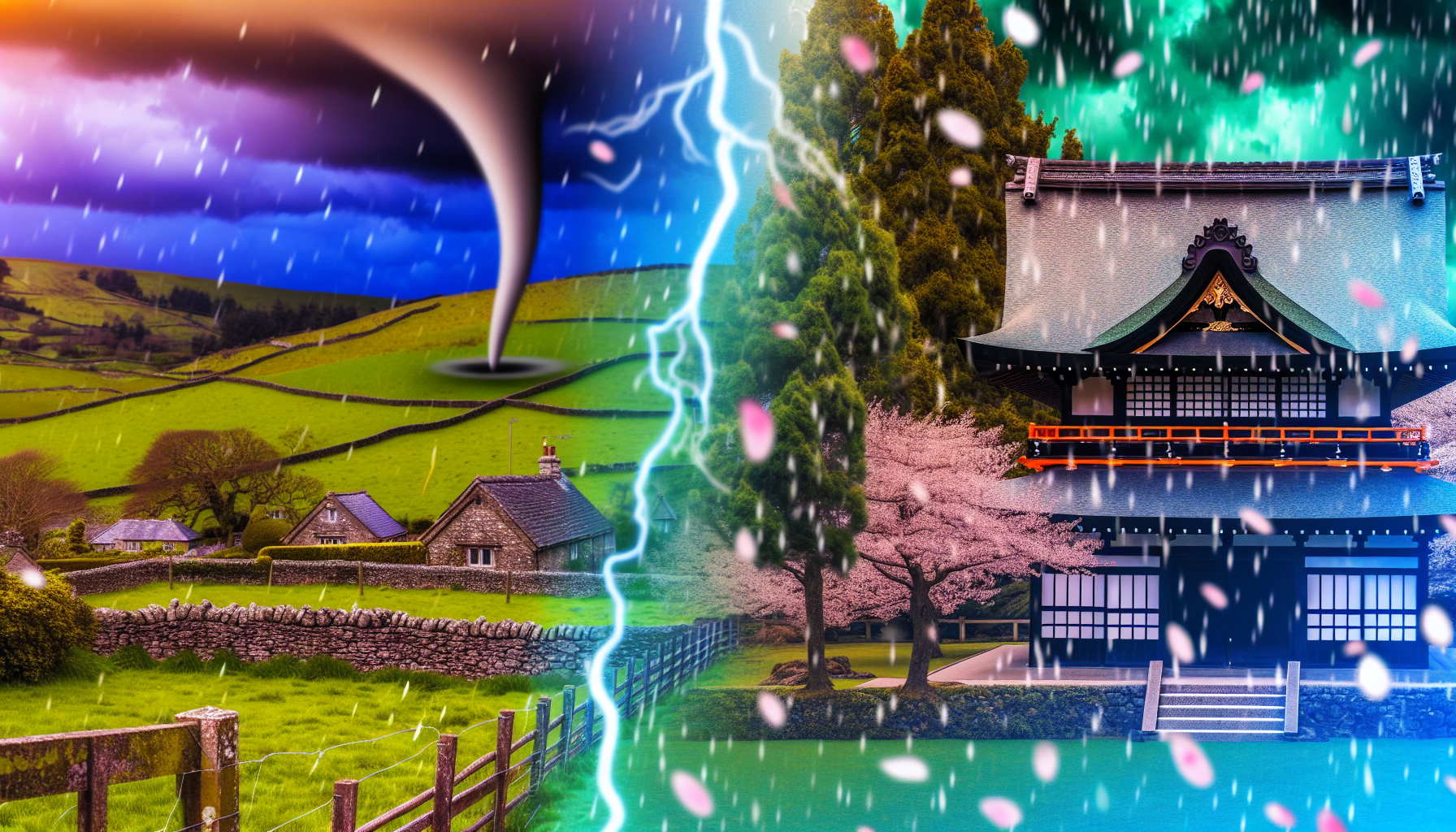 Alt Text: Image depicting rare weather conditions with a distinct split. On the left, a rural scene with green fields and cottages is overshadowed by a dark, stormy sky featuring a tornado. On the right, a serene, traditional building surrounded by cherry blossom trees is under a slightly bright, more tranquil sky, separated by a lightning bolt in between the two contrasting halves. Snowflakes, raindrops, and cherry blossom petals are falling throughout the scene.