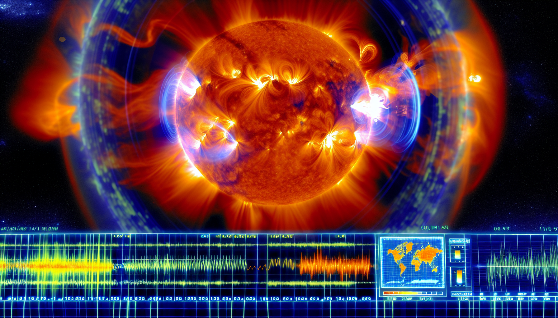 Alt Text: A vivid illustration showcasing the Sun emitting intense Solar Flares, with vibrant orange and yellow hues of the flares extending into space. Surrounding the Sun are swirling blue and purple plasma waves. Below the Sun, there is a digital interface featuring graphs with fluctuating lines and a world map, indicating solar activity data. The background is a dark starry sky.