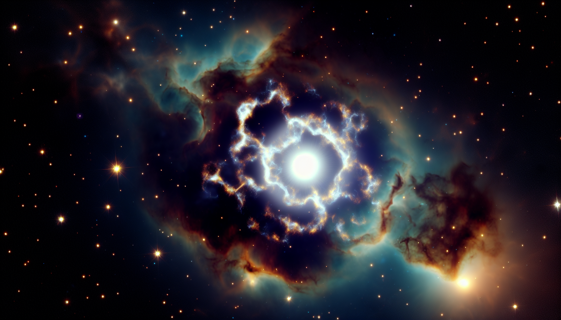 Alt Text: A vibrant image of supernova remnants in space showcases a bright central star enveloped by multi-colored clouds of gas and dust. Surrounding the remnants are a multitude of smaller stars scattered against the dark expanse of the universe. The gas and dust clouds exhibit hues of blue, green, orange, and brown, adding a dynamic and ethereal feel to the cosmic scene.