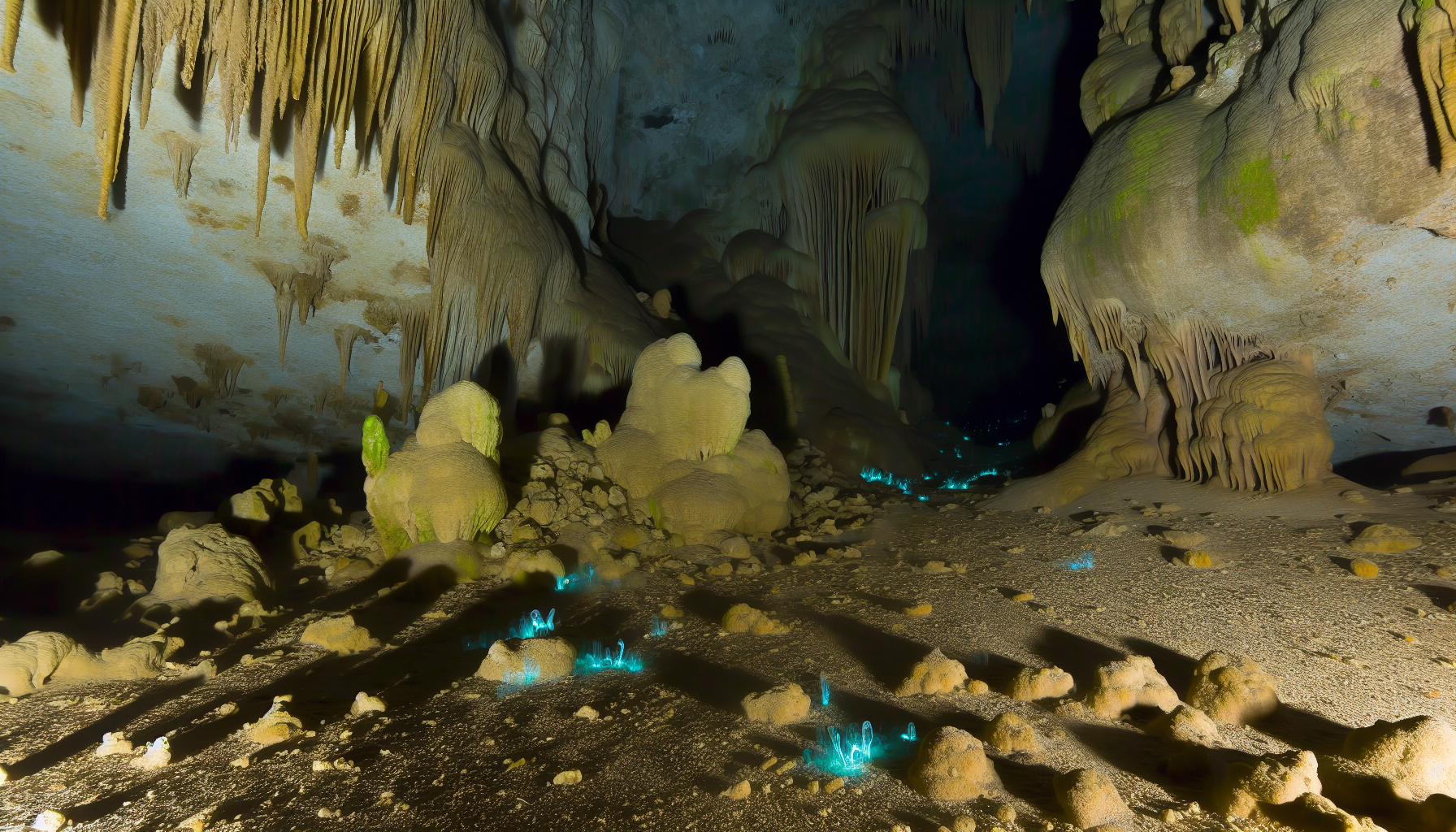 Alt Text: "A stunning view of underwater caves with intricate stalactite and stalagmite formations. The cave floor is dotted with glowing blue bioluminescent formations, creating an ethereal and otherworldly atmosphere."